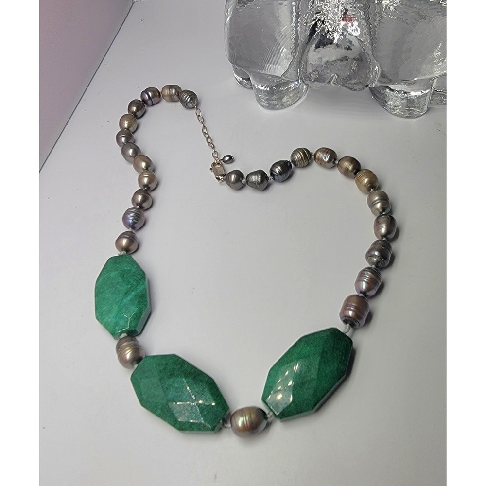 Gray Baroque Pearl‎ necklace With Chunky Agate Beads 925 Silver Necklace  18-20"